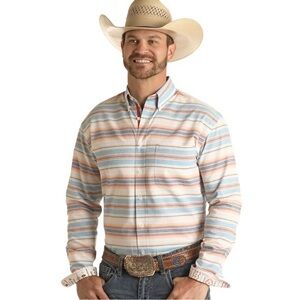 Panhandle Rough Stock® Men's Blue Stripe Patterned Button Down Shirt